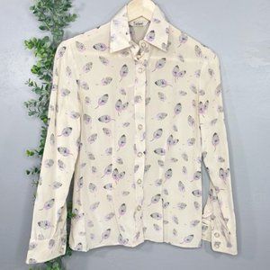 Tucker silk leaf print button up blouse